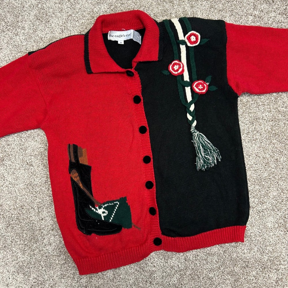 Vintage Eagle's Eye Cardigan Sweater Women Size Medium Colorblock Flowers Tassel